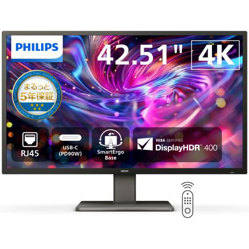 4K UHD�Ή�42.5�^���C�h�t���f�B�X�v���C HDR400 USB Type-C���� P Line 5�N�ۏ� 439P1/11