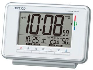 SQ775W 電波目覚まし時計 ウィークリーアラーム/温湿度表示/週めくりカレンダー/ライトつき