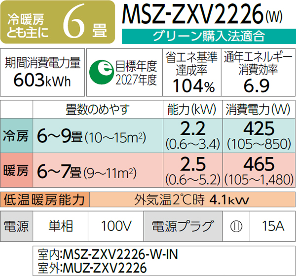 MITSUBISHI 三菱 MSZ-ZXV2226-W三菱ルームエアコン 2026年度モデル