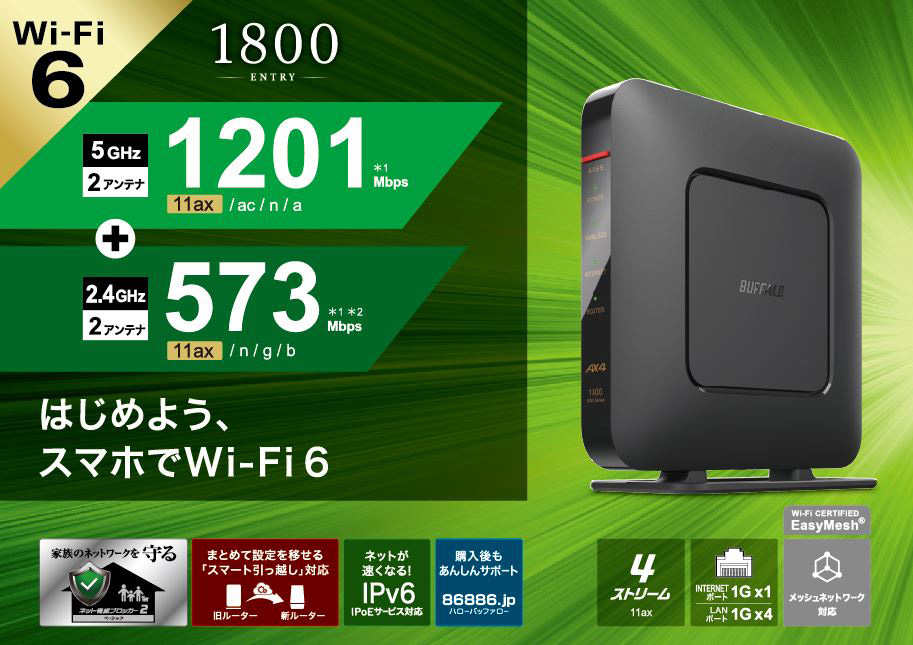 Wi-Fi 6(11ax)対応無線LANルーター 1201+573Mbps IPv6 WSR-1800AX4P