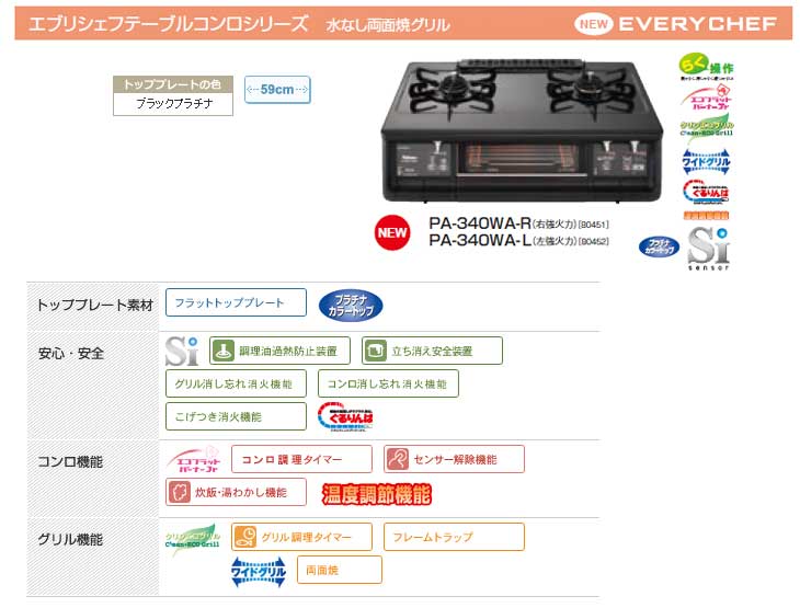 PA-340WA-R 強火力右 両面焼きグリル ガステーブル(プロパンガス用