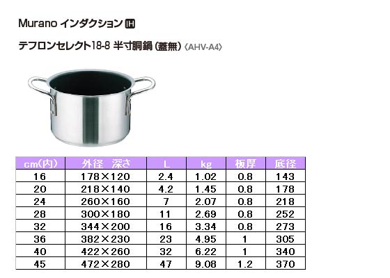 AHV-A4 テフロンセレクト18-8 半寸胴鍋(フタ無)45㎝ 【 ムラウチドット