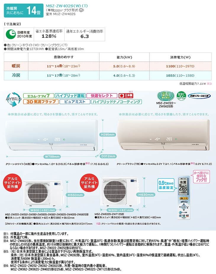 ハイブリッド霧ケ峰 MSZ-ZW402S(W)クリーンホワイト【200V】 【 ムラウチドットコム 】