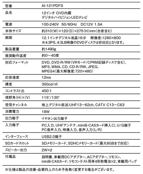 AI-121PDFS 12インチDVD内蔵デジタルハイビジョンLEDテレビ