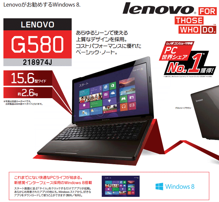 15.6型ワイドグレア液晶ノートPC Lenovo G580 218974J ダークブラウン