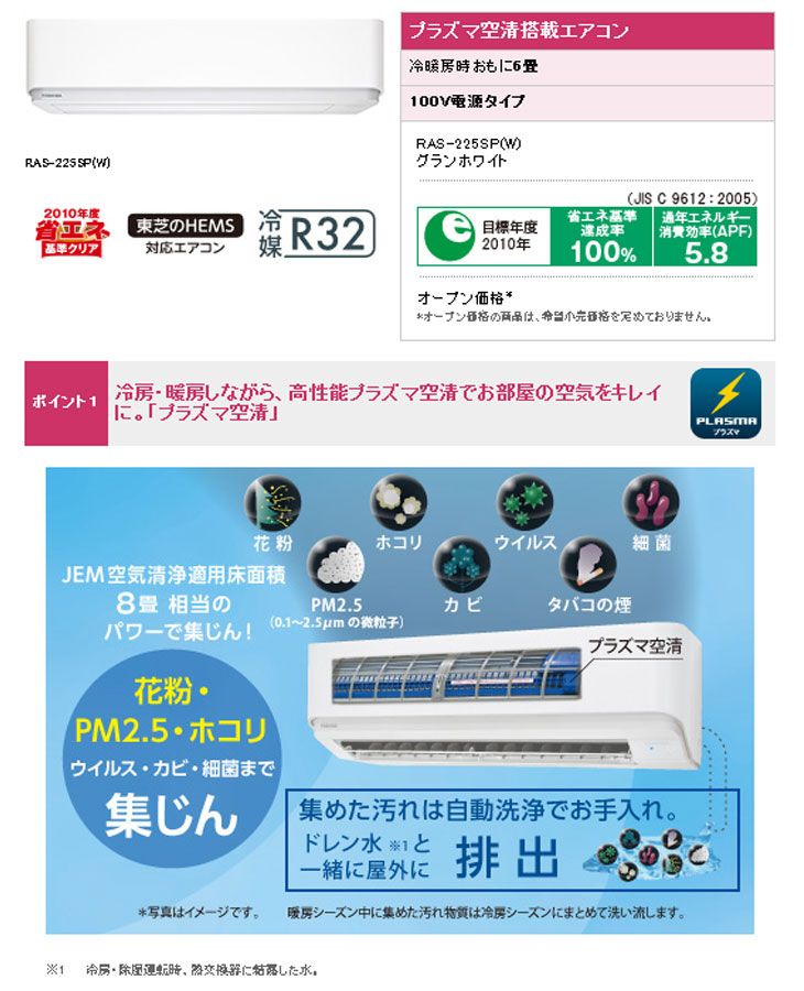 TOSHIBA/東芝 RAS-225SP(W) グランホワイト SPシリーズ 【送料代引き 