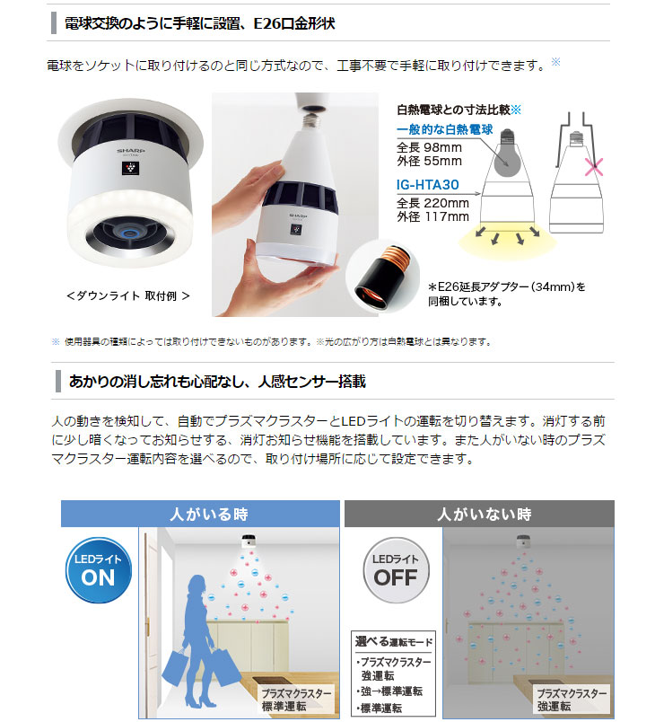 IG-HTA30-W 天井設置型 プラズマクラスターイオン発生機 【約2畳用】(ホワイト系) 【 ムラウチドットコム 】