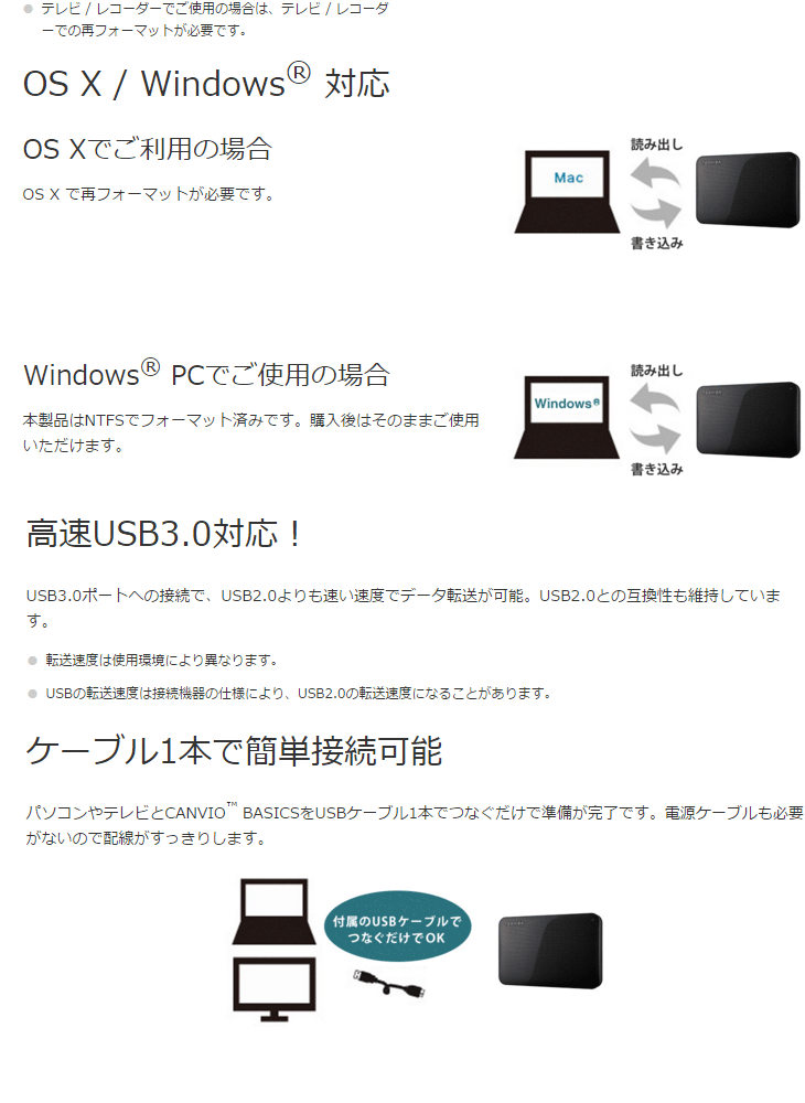 USB3.0対応ポータブルハードディスク 2TB CANVIO BASICS HD-AC20TK