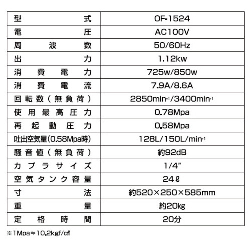 エアーコンプレッサー OF-1524 オイルフリー タンク容量24L