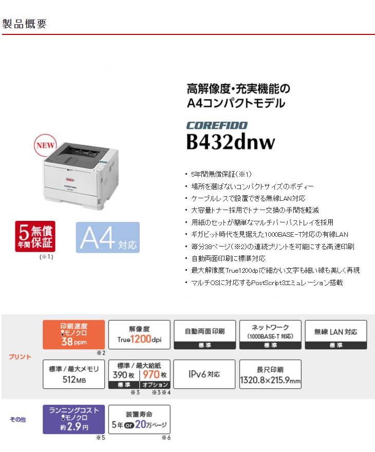 5年間無償保証】A4モノクロLEDプリンタ COREFIDO/コアフィード B432dnw 【 ムラウチドットコム 】