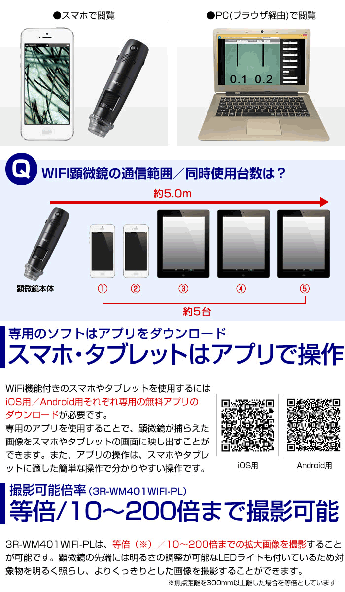 WIFI接続 ワイヤレスデジタル顕微鏡 偏光モデル 3R-WM401WIFI-PL