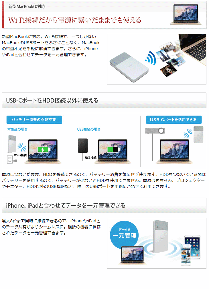 Wi-Fi接続ポータブルハードディスク 2TB ミニステーション エア HDW