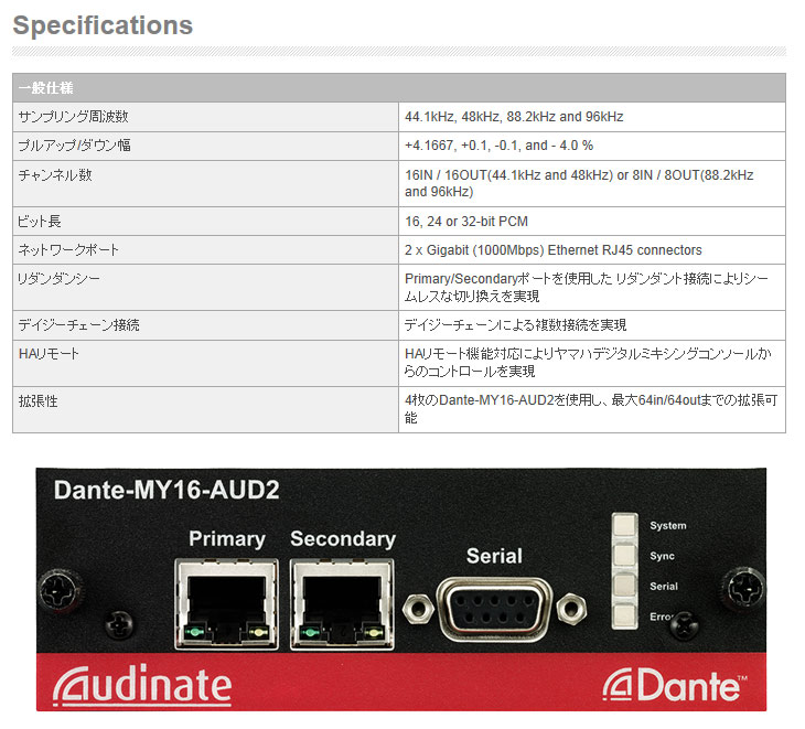 Dante-MY16-AUD2 【デジタルオーディオネットワークインタフェース