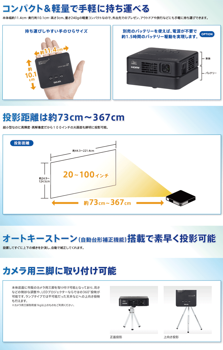 TAXAN DLP HDMI プロジェクター 本体 三脚付き 【公式通販】