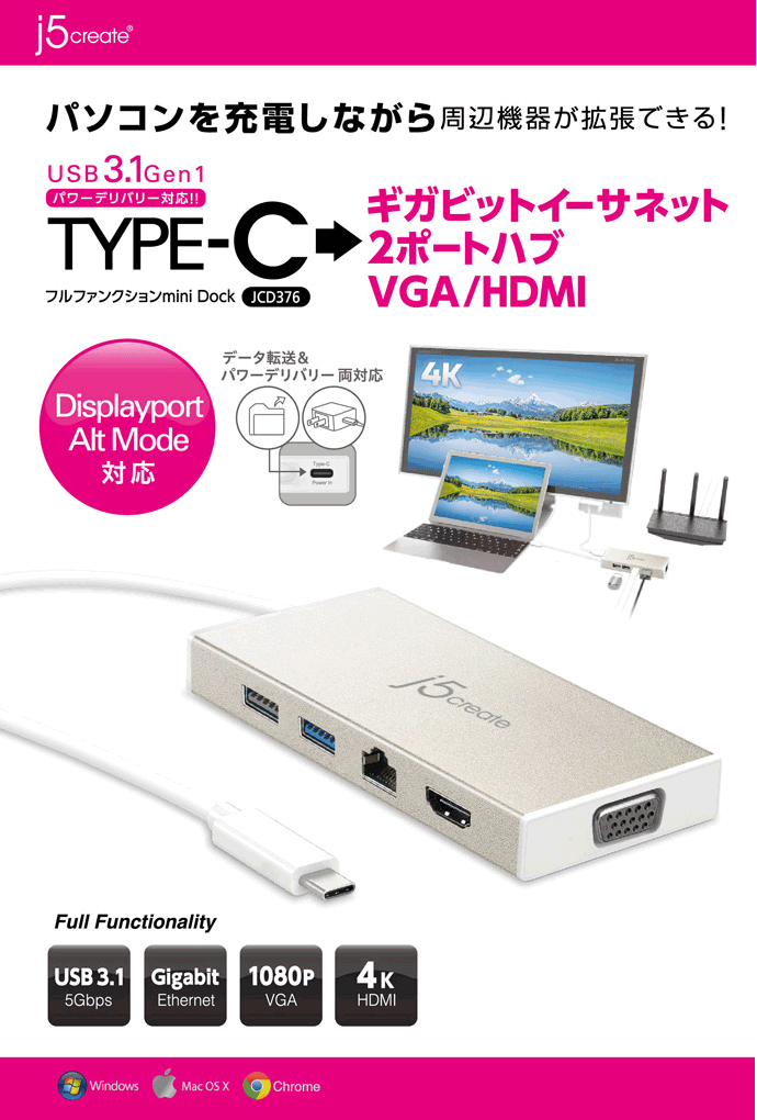 USB 3.1 Type-C VGA､HDMI ギガビットイーサネット 2ポートハブ フル