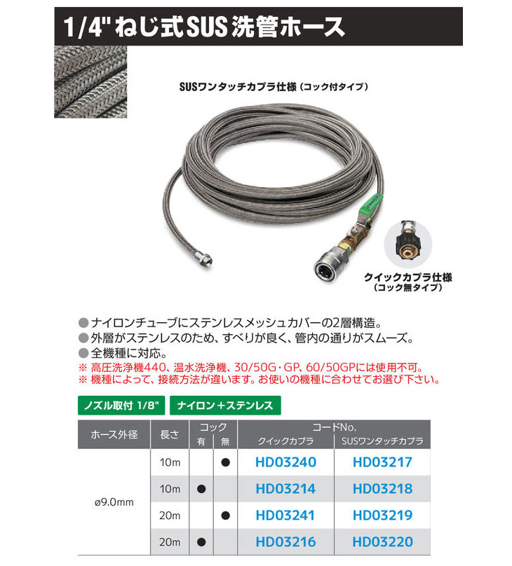 1/4”ねじ式SUS洗管ホース20mSUSワンタッチカプラ仕様 HD03219