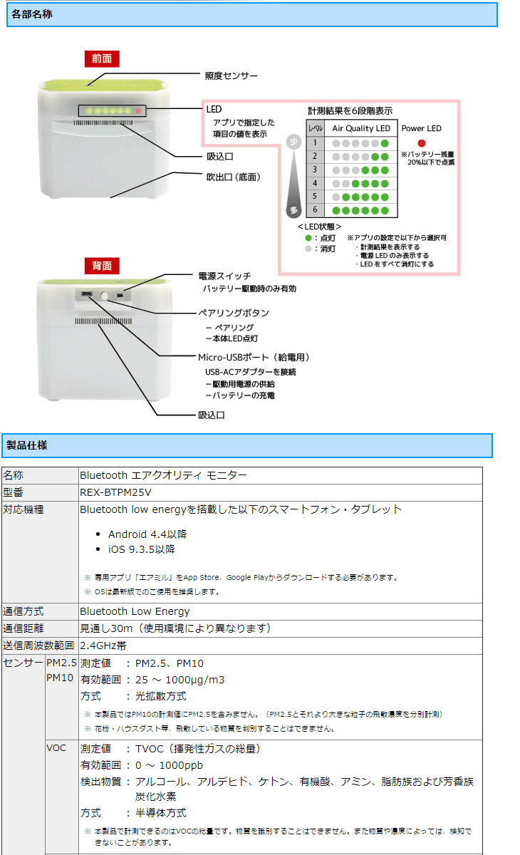 Bluetooth エアクオリティ モニター ホワイト REX-BTPM25V 【 ムラウチ