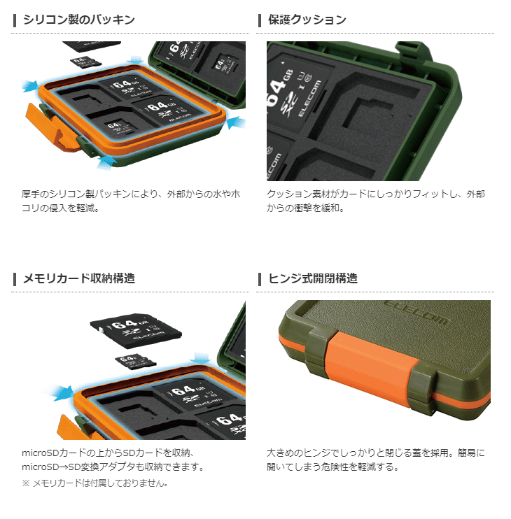 SD/microSDカードケース(耐衝撃) カーキ CMC-SDCHD01GN 【 ムラウチ