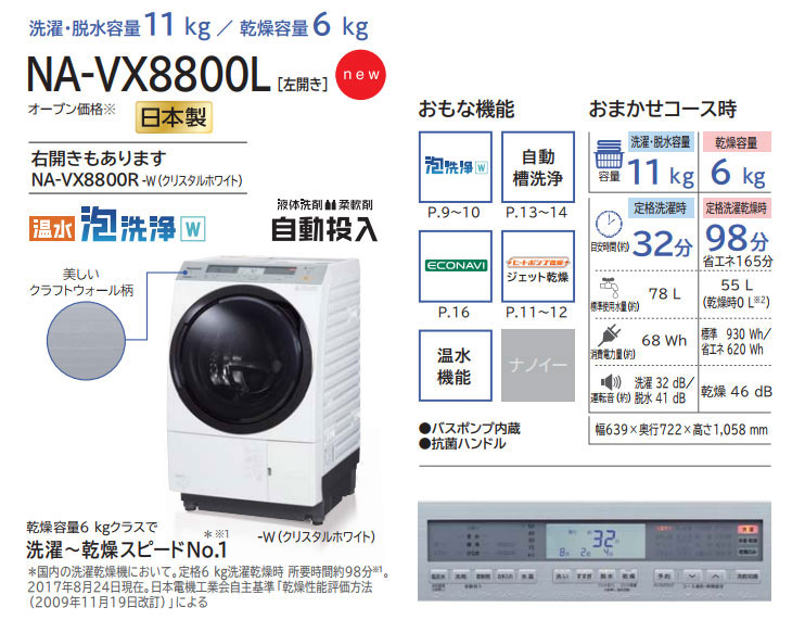 NA-VX8800R-W ななめドラム洗濯乾燥機 [右開きタイプ](クリスタル