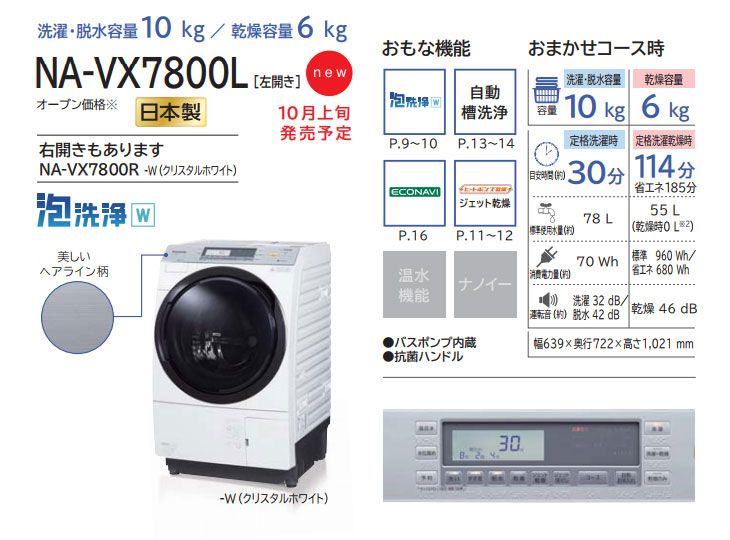 Panasonic NA-VX7800R-W 大容量10kg【左開き】