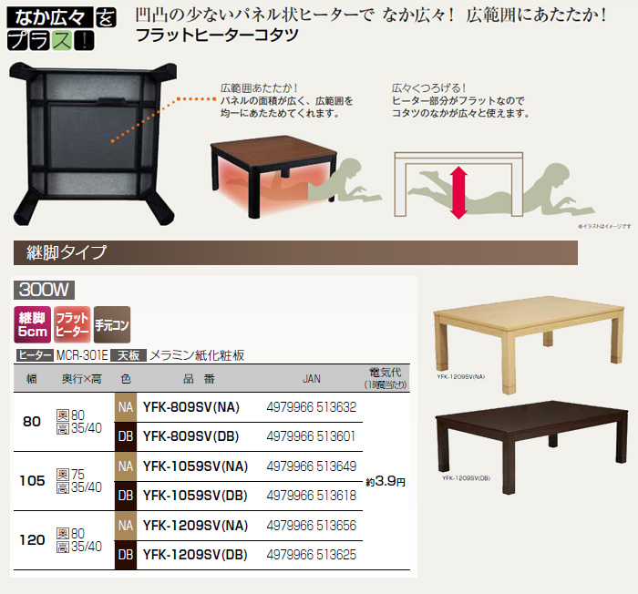 YFK-1209SV(NA) フラットヒーターコタツ 継脚 【約120x80x35(40)ｃｍ