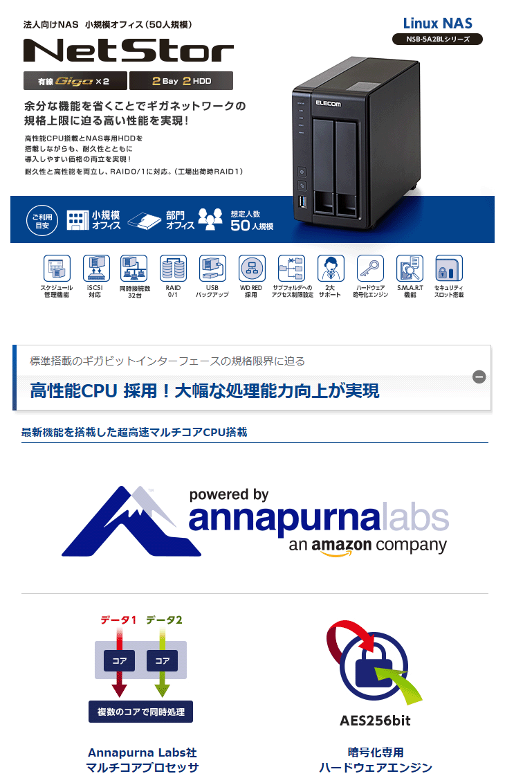 ELECOM エレコム LinuxNAS/2Bay/2TB/NetStor5シリーズ NSB-5A2T2BL