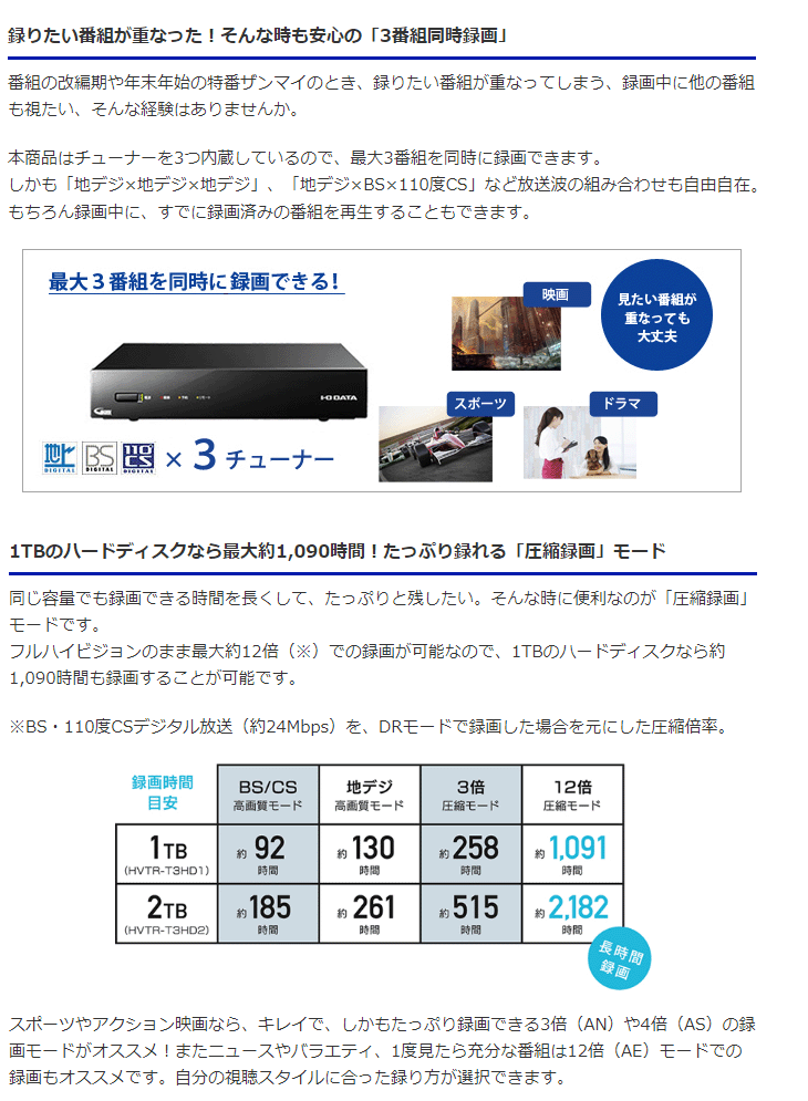 3番組同時録画対応ハードディスクレコーダー REC-ON 1TB HVTR-T3HD1T