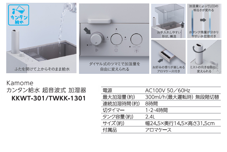 ○TWKK-1301（MGR）「Kamome」カンタン給水 超音波式加湿器 ミント