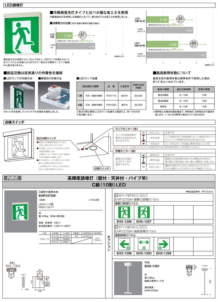 EHR1075W 内照式 LED誘導灯 白【C級形片面用本体】【パネル別売