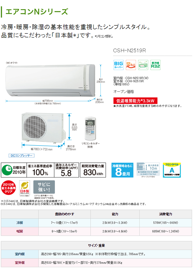 CSH-N2519R（W） Nシリーズ ホワイト 【おもに8畳用】 【 ムラウチドットコム 】