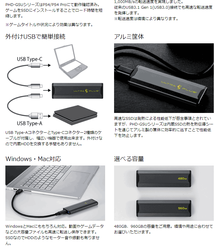 PS4におすすめ】ULTRA PLUS USB3.1 Gen 2対応ゲーミングSSD 480GB PHD
