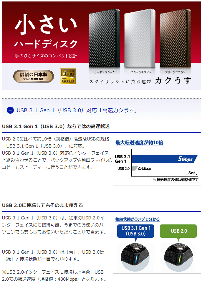 USB3.1 Gen 1（USB3.0）対応ポータブルHDD 高速カクうす 500GB