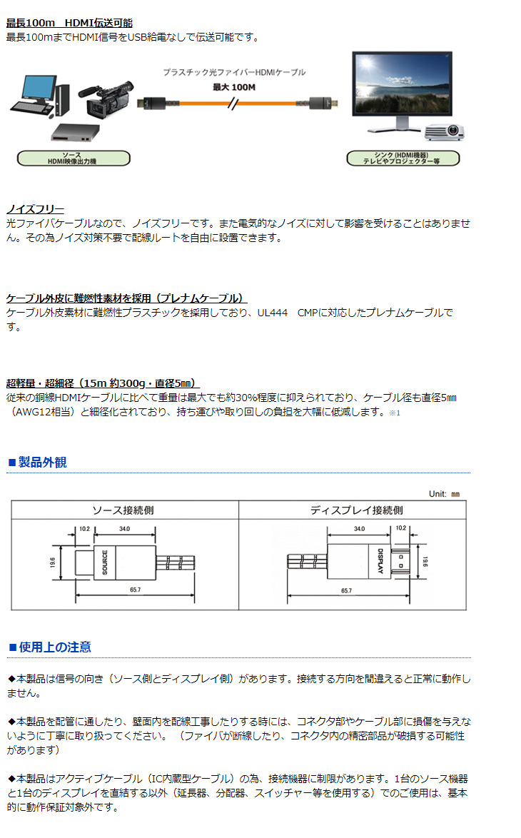 完了】AHO-15N（15m） 10.2Gbps対応プラスチック光ファイバHDMI