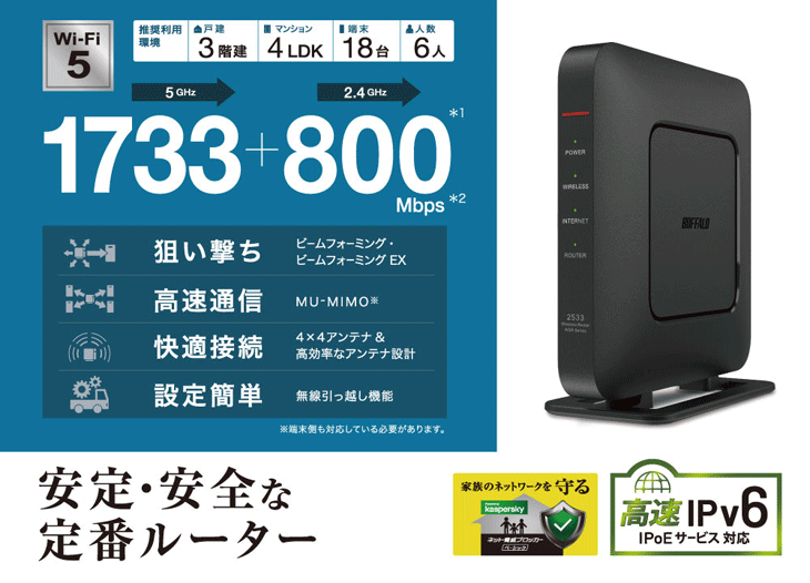 Wi-Fi 5（11ac）対応無線LANルーター 1733+800Mbps IPv6 WSR-2533DHPLS