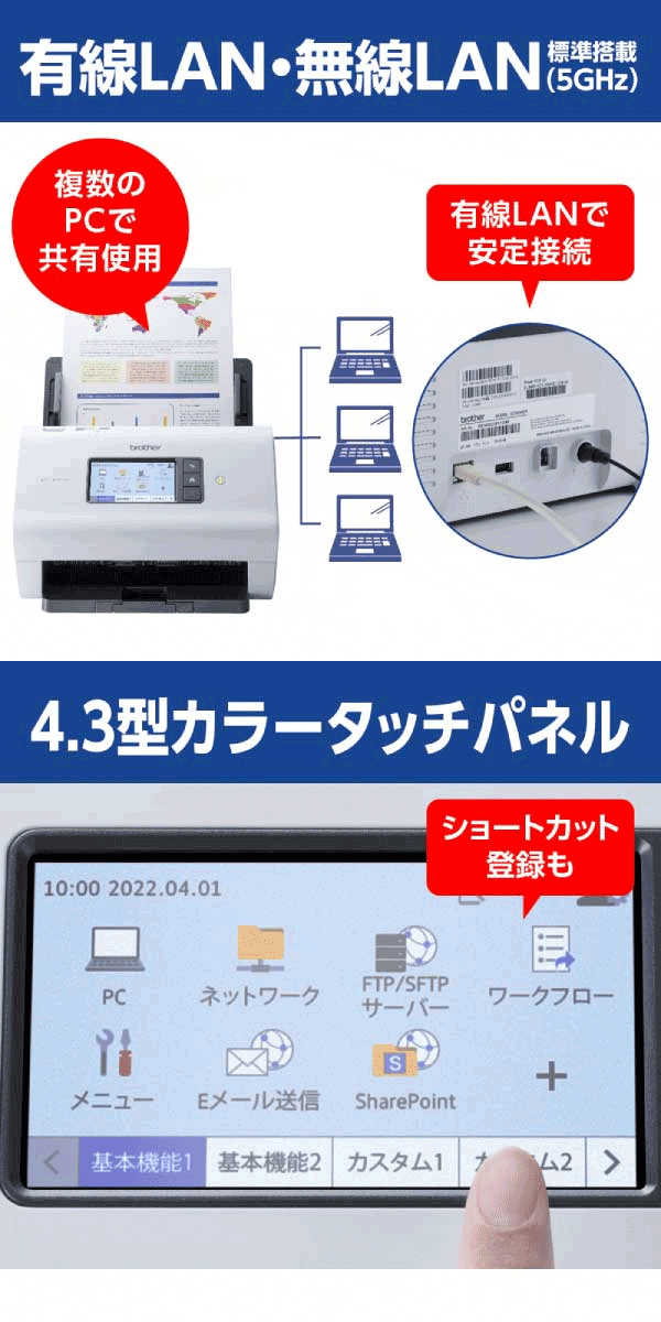 ブラザー ドキュメントスキャナー 有線無線LAN対応/60ppmタッチパネル 