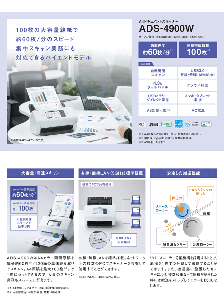 ドキュメントスキャナー (有線・無線LAN対応/60ppm/タッチパネル