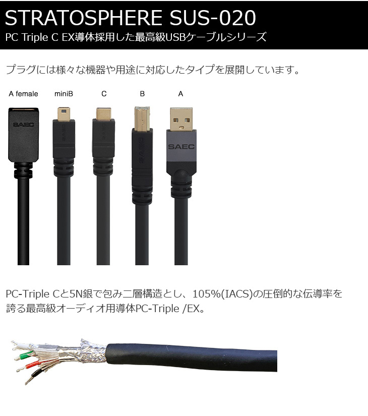 SUS-020 STRATOSPHERE USB Type C - USB B 1.2m USBケーブル