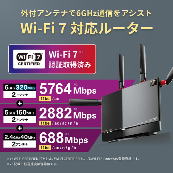 BUFFALO バッファロー Wi-Fi 7(11be)対応無線LANルーター 5764+2882+