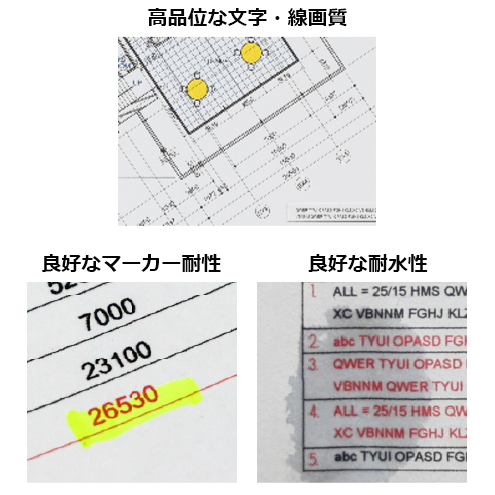 高品位な文字や線画質、優れたマーカー耐性、耐水性 高品位な文字や線画質、優れたマーカー耐性、耐水性